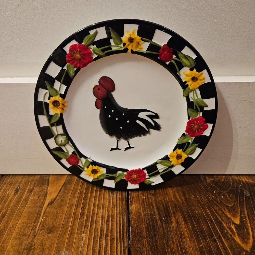 Home Accents Rooster Dinner Plate‎ Black White Check Farmhouse Country